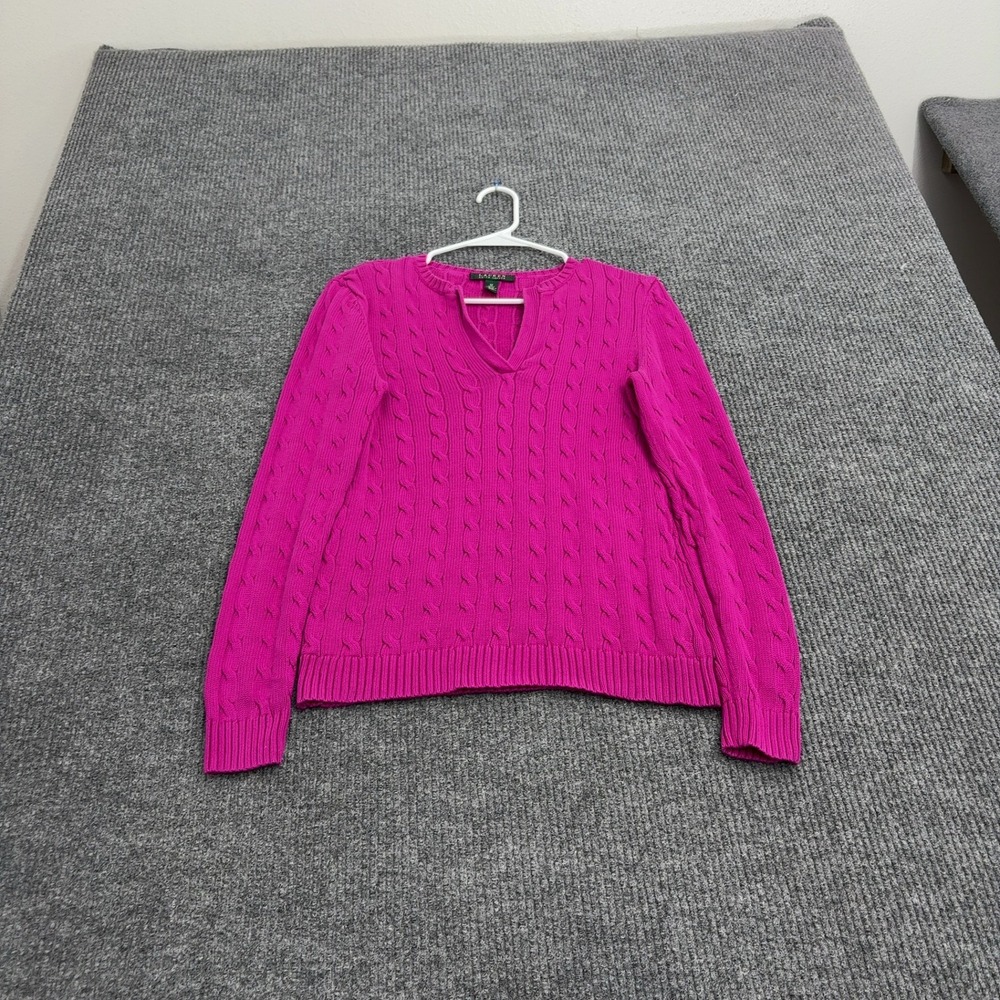 Lauren Ralph Lauren Sweater Womens M Pink Cotton Cable Knit V-Neck Preppy Style